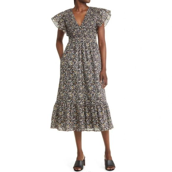 Rails Midi Dress Womens Medium Black Mini Floral Clementine Smocked Prairie NWT - Picture 1 of 13